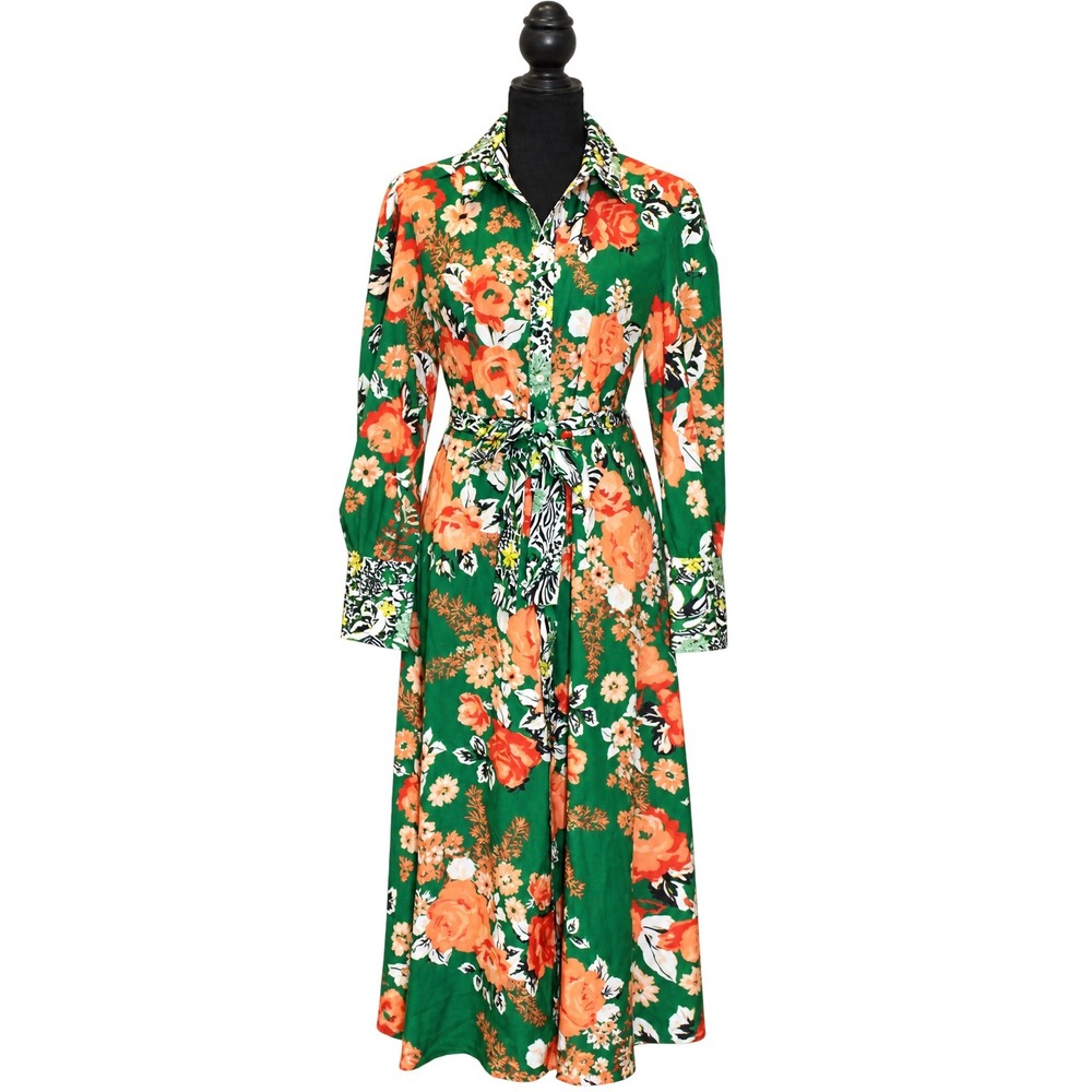 Pink Ripple Green Floral Leopard print Long Sleeve Shirt Dress M Boho Maximalist
